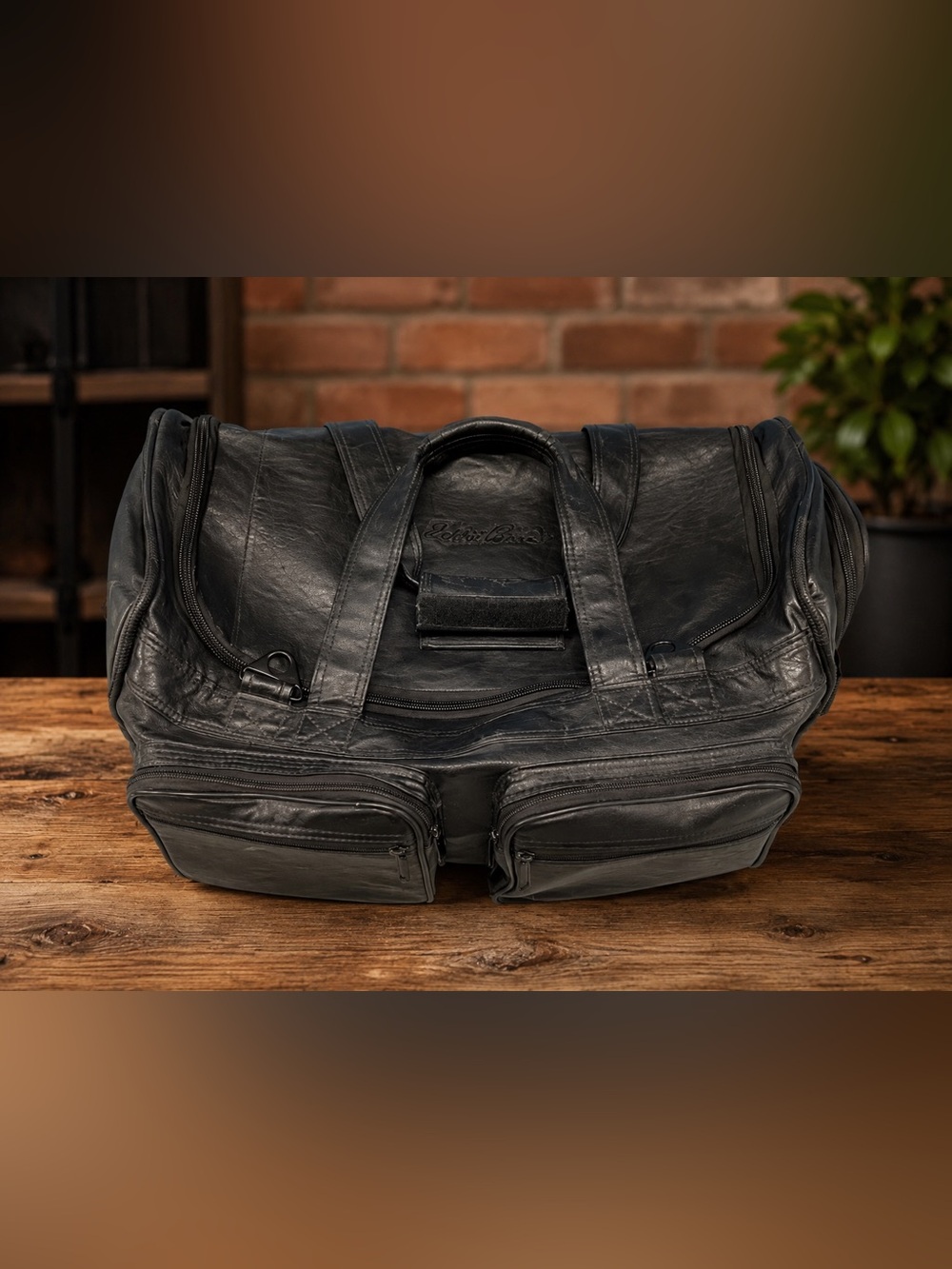 Riviera Vintage Black Leather Rugged Rolling Duffle Bag Wheeled Travel Weekender